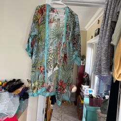Chicos  Lily Parrot 3/4 Sleeve Silk Blend Burnout Kimono Jacket Turquoise