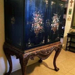 VINTAGE PAINTED FLORAL ROSE WOOD ORNATE VICTORIAN ACCENT CABINET STORAGE ANTIQUE SHELF CONSOLE TABLE