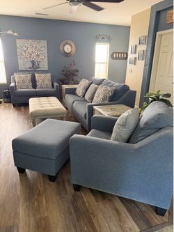 Excellent Condition Living Room Set - Light Blue Couch, Loveseat and Chair with 2 Ottomans