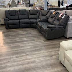 Gray Breathable Leather Manual Recliner Sectional