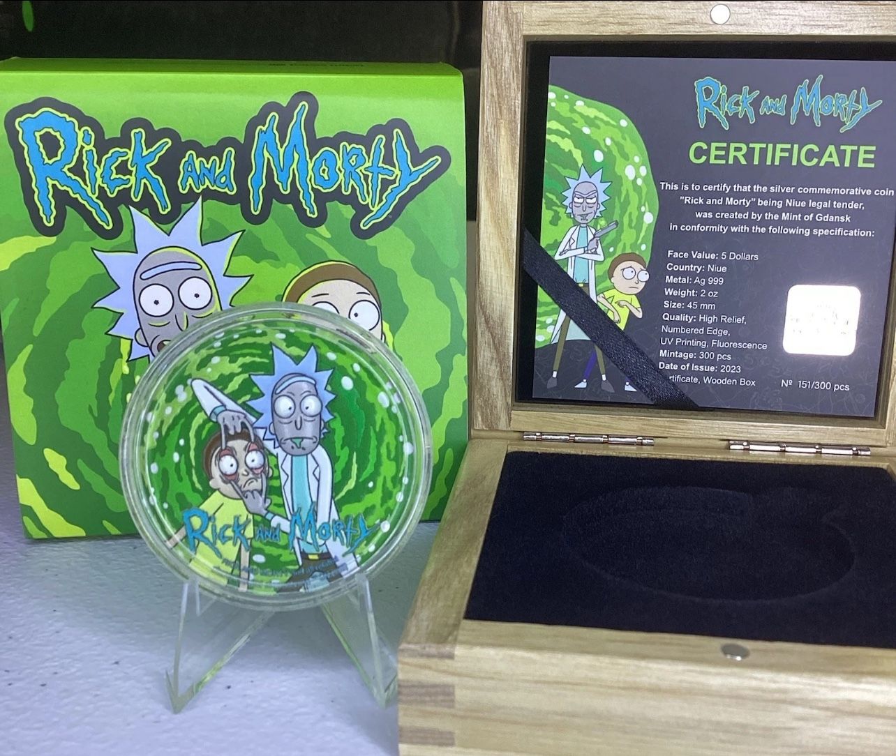 2023 Niue 5 Dollars, Rick & Morty 2 oz Pure Silver (.999 Fine) Fluorescent Glow In The Dark Coin + OGP Box Capsule, RARE Limited #230/300