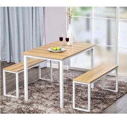 White Wood Table With 2 Benches Set 
