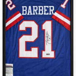 Framed Tiki Barber autographed jersey Beckett certified with COA