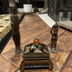 Hand-Carved African Style Wooden Figures & Decorative Box – 4 Piece Set