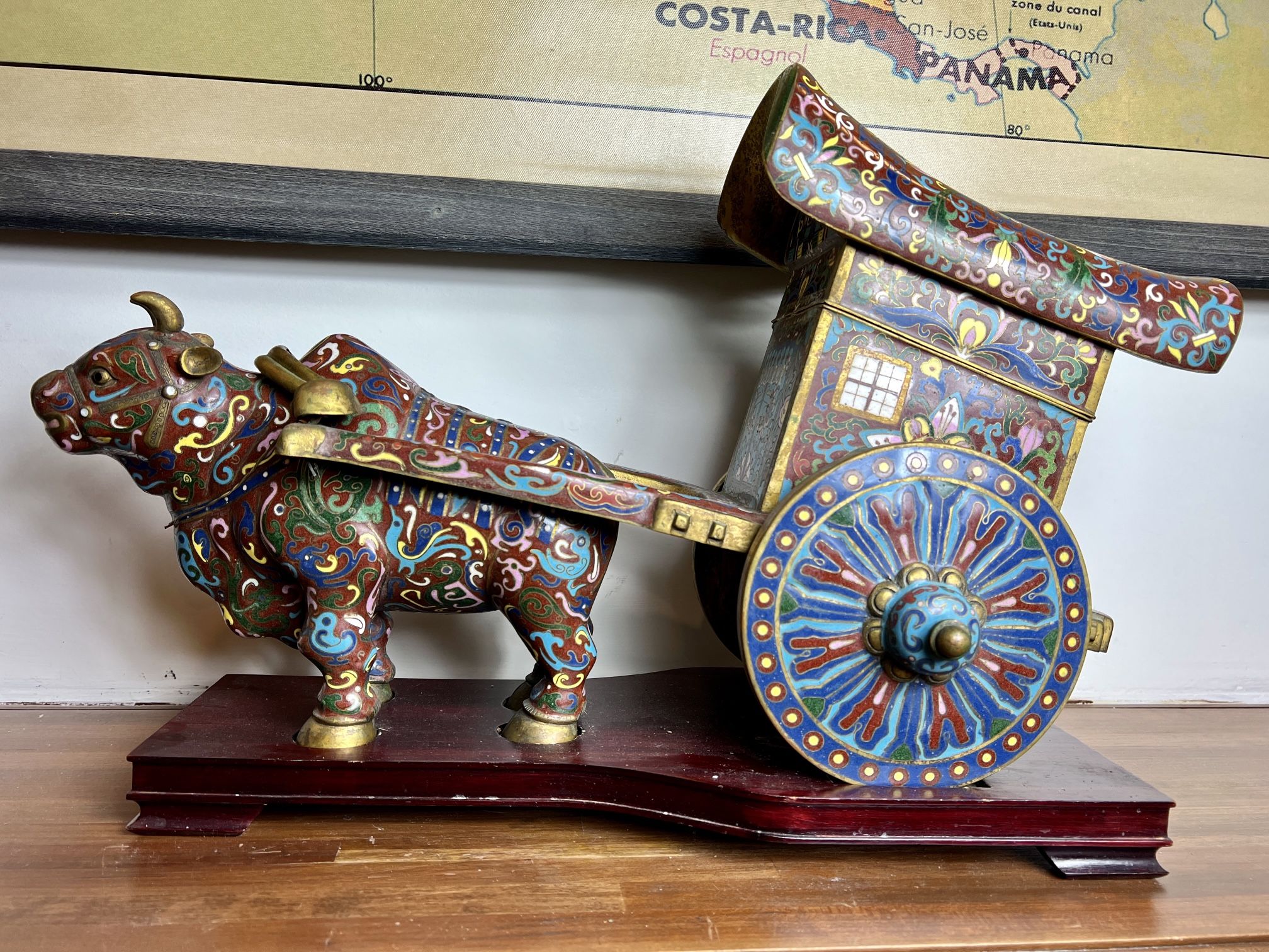 Very Rare China Chinese Cloisonné over Brass Oxen Pulling Cart Statue ca 20th c.