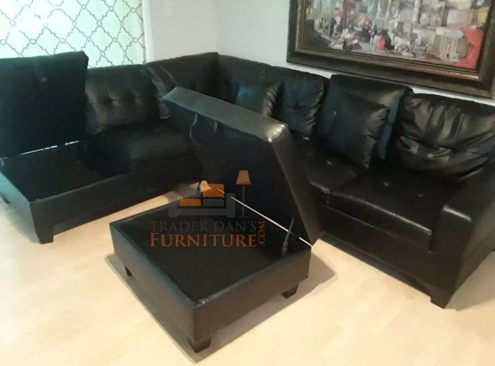Brand New Black Faux Leather Sectional Sofa +Storage Ottoman (New In Box)