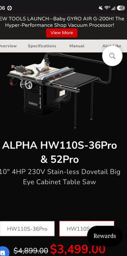 Harvey Alpha HW110S-52P 4HP Cabinet Table Saw