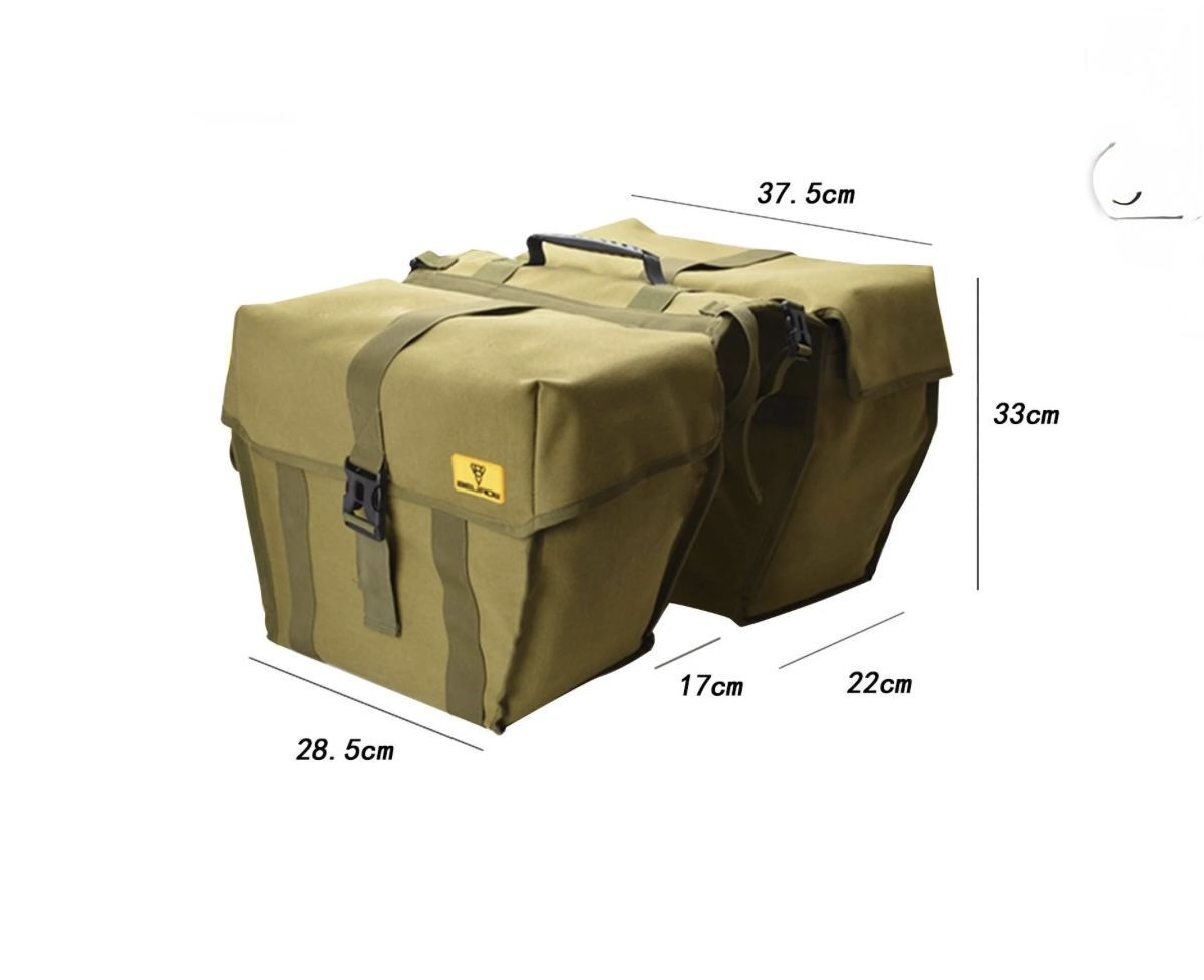 double-sided bicycle pannier bag, designed to be attached to a bike's rear rack.