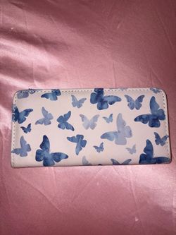 White and Blue Butterfly Print Zip-Around Wallet