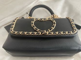 Black Leather Handbag with Gold Chain Detail
