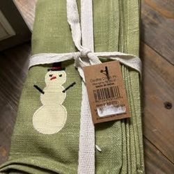 Set of 4 Olive Green Snowman Christmas Napkins