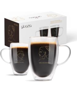 Brand new Brand New - Double Walled Glass Coffee Mugs for Couples - Espresso Cups, Coffee Cups for Couples with Gold Line Art Inscription, Freezer & M