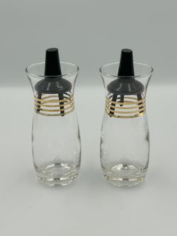 Vintage Pyrex Corning Glass Salt & Pepper Shaker Set Atomic Gold Bands