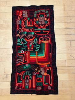 Vintage Peruvian Hand Embroidered Mola Textile Folk Art Wall Hanging Incan Mythical Figures