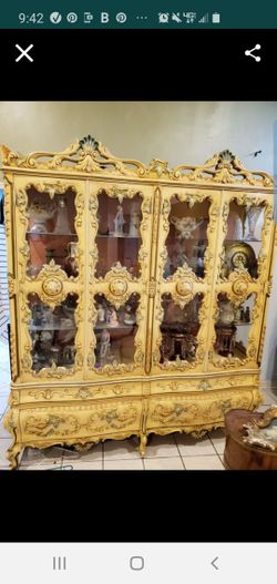 Italian / French Provincial Hand Painted Heavy Carved Breakfront China Cabinet