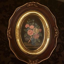 VINTAGE ORNATE GOLD BRONZE BURGUNDY ANTIQUE DOUBLE FRAMED FLORAL FLOWER ROSE PAINTING PICTURE ART DECOR