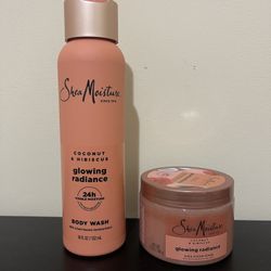Lot Of 2  Shea Moisture Shea Body Wash / Sugar Body Scrub Coconut Hibiscus Glowing Radiance