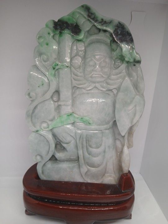 Certified Grade A GREEN EEMERALD JADE JADESIT QUAN YU CHINESE OFFICER STATUE W/DISPLAY HEIGHT 6.75x4.5"×18mm