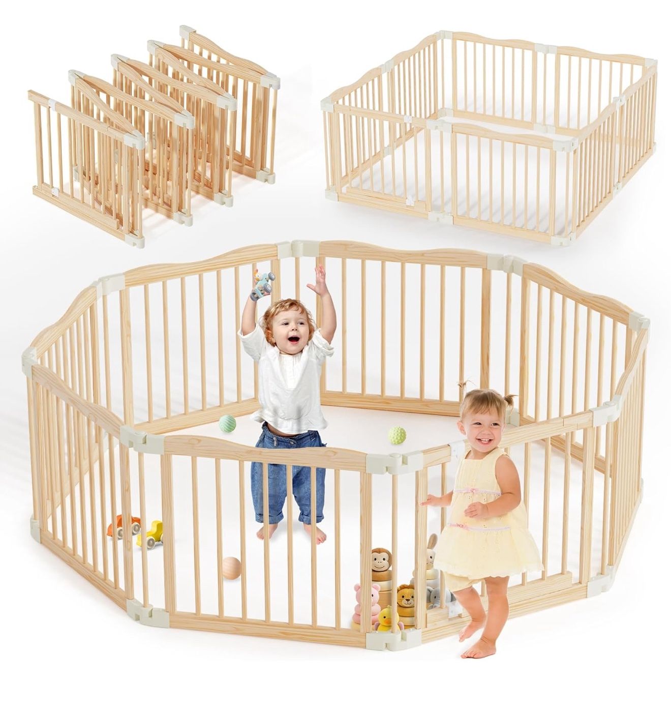 Foldable Wooden Playpen Adjustable Wood Baby Play Yard with Child