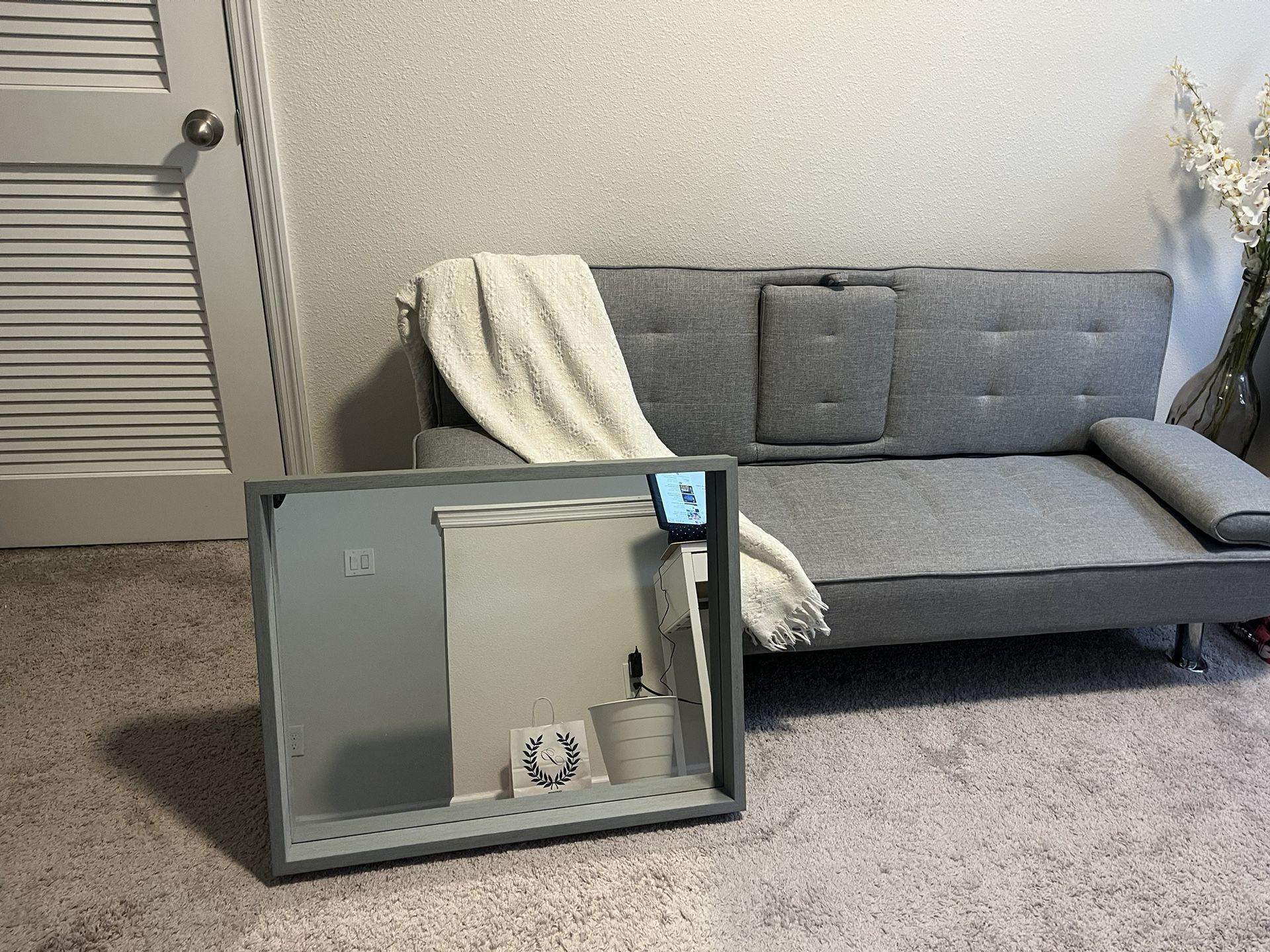 Grey Small Futton Sleep Sofa and Grey Mirror