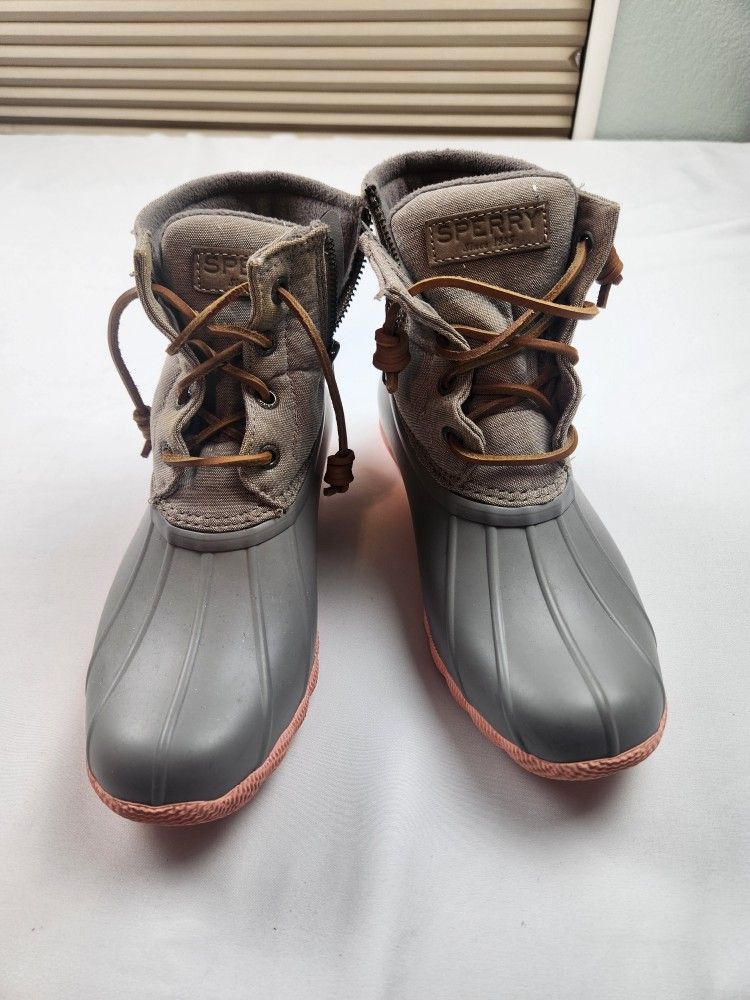 Sperry Duck Boots Waterproof Women Sz 5.5 Gray Pink Lace Up Side Zip