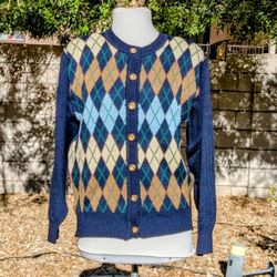 Vintage Navy Button Pinion Japan Argyle Petite Large Cardigan Top Sweater EUC
