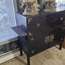 Antique Oriental Black Wood Credenza Secretary Desk Cabinet Server Buffet Sideboard Storage Chest