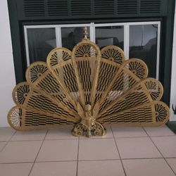Vintage Brass Folding Peacock Fan Fireplace Screen