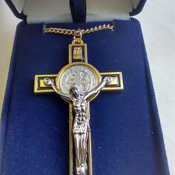 3-inch St Benedict Crucifix On A 24-in Gold-plated Curb Chain. Men's Necklace.