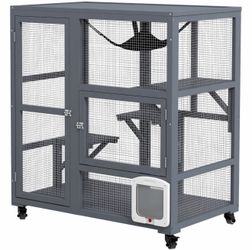 PawHut Indoor Wooden Catio Cat House Cat Enclosure on Wheels with 3 Platforms Hammock Cat Flap Door