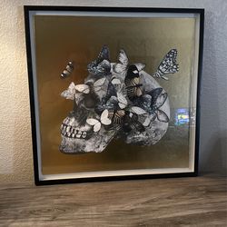 Gold Black And White Skull And Butterflies Art Portait