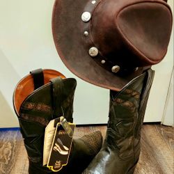Dan Post Leather Cowboy Star Boots And Leather Hat