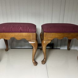 Thomasville Benches Stool Bench , Solid Oak Wood Upholstered Foot Stool Pair! Used in good condition with normal signs of usage and time. There are m