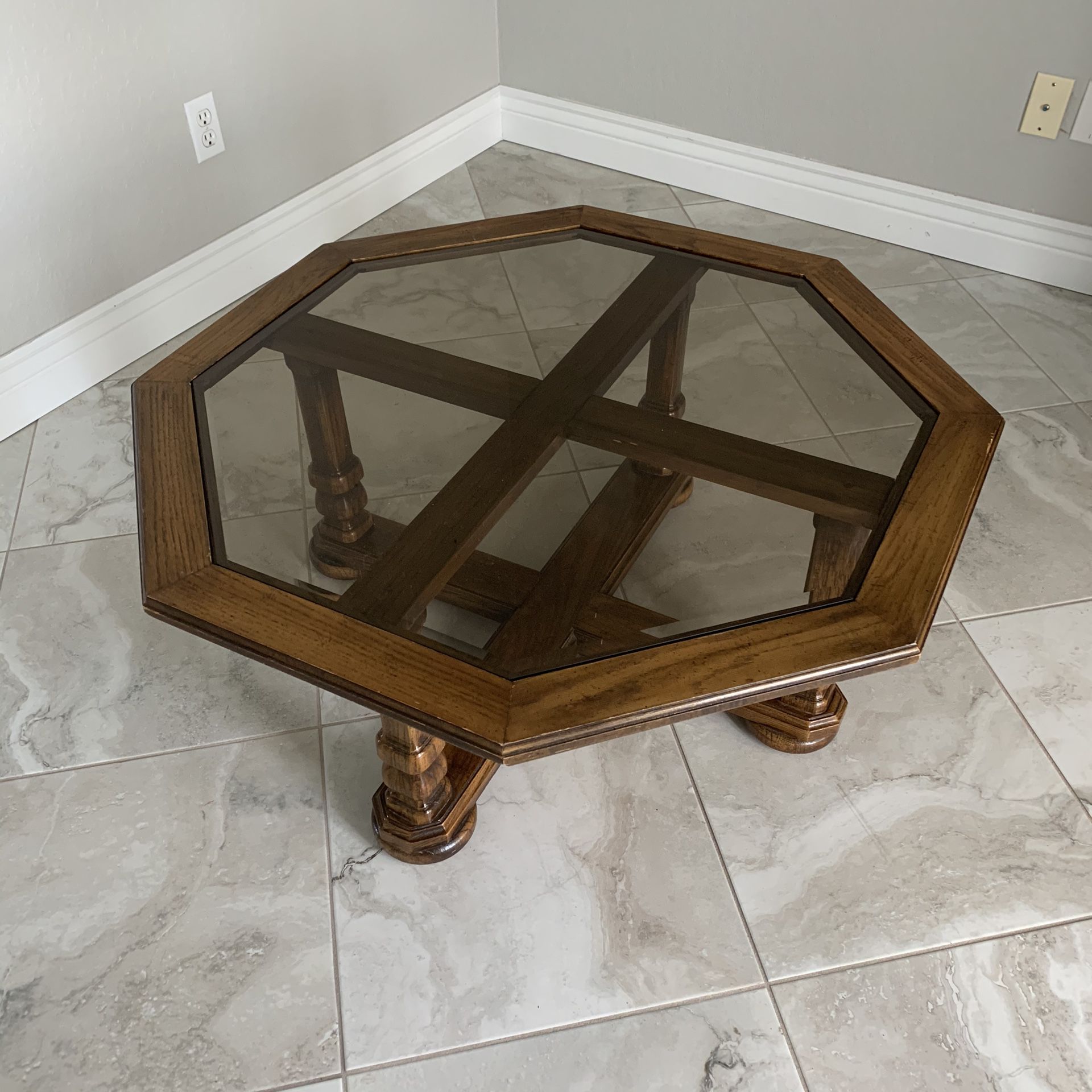 Coffee Table, Oak with Glass Top, Octagonal