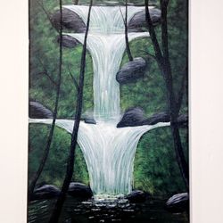 12” X 24” Hand Painted Acrylic on Canvas Waterfall & Trees