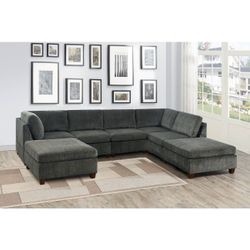 Brand New Dark Grey Super Plush Chenille Modular Design Sectional Sofa w Ottoman