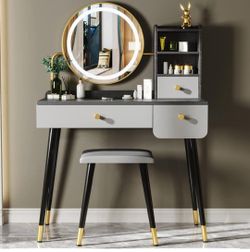 Vanity Desk with Lighted Mirror & Cushioned Stool – Modern Makeup Table