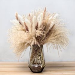 62 Pcs Pampas Grass，Natural Dried Pampas Grass for Flower Arrangements Home Decor / 15 Pcs White Pampas & 15 Pcs Brown Pampas & 32 Pcs Reed Grass