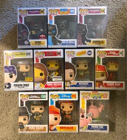 Funko Pop!  Set of 10! Godzilla/Office/Simpsons/Seinfeld/ParksRec/Disney/SpongeBob-all w/protectors!