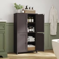 New Bathroom Storage Floor Cabinet Organizer with Adjustable Shelf 4 Magnetic Doors 43" Wooden Pantry Cabinet Freestanding for Kitchen Living Room Sma