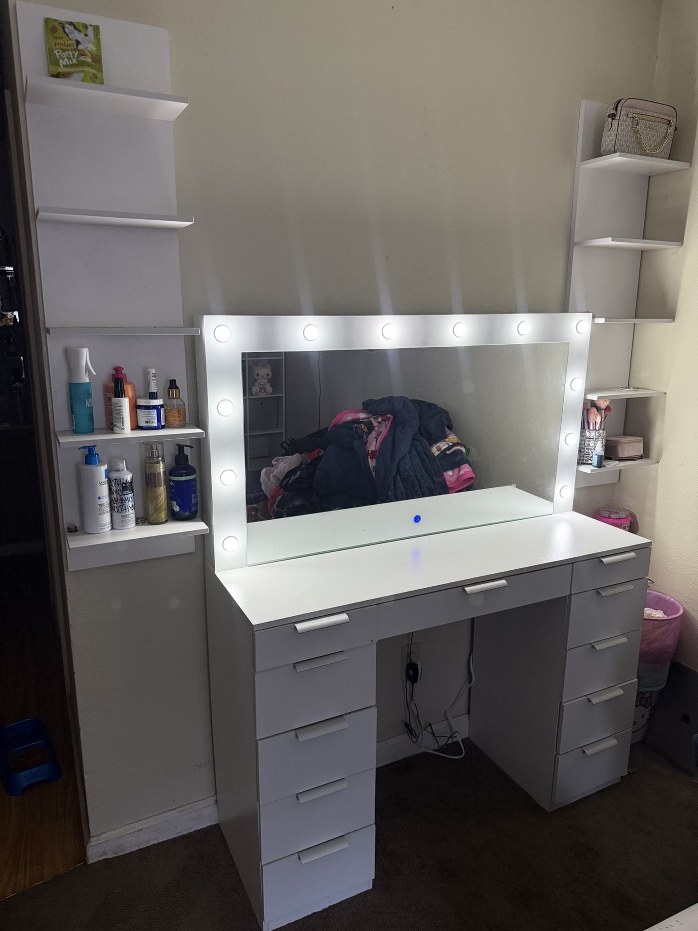 White Led Vanity With Side Shelves