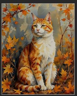 Cat Paint by Numbers Kit for Adults – DIY Orange Cat in Fall Forest Painting on Canvas, Acrylic Paint Set, Suitable for Beginners, Pet Art for Home De