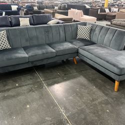 New Mid Century Sectional.  Light Or Dark Grey / Brown Velvet.  111” X 85”.  Free Delivery!