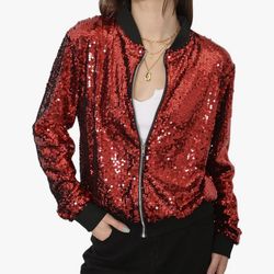 XS RED Womens Sequin Jacket Bomber Coat 1989 Slitter Outfit For Concert Party