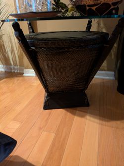 Vintage Thai Rice Basket Table/Storage Stand.  Tribal Basket.  Woven & Glass Top.  Great Condition.