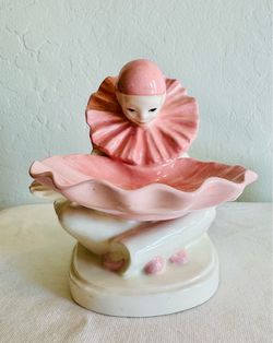 Vintage Ceramic Pink and White Pierrot Clown Trinket Dish