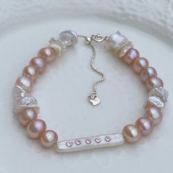 B49-Handmade Chopstick Pearl With Inlaid Pink Czs and keshi pearl S925 Bracelet