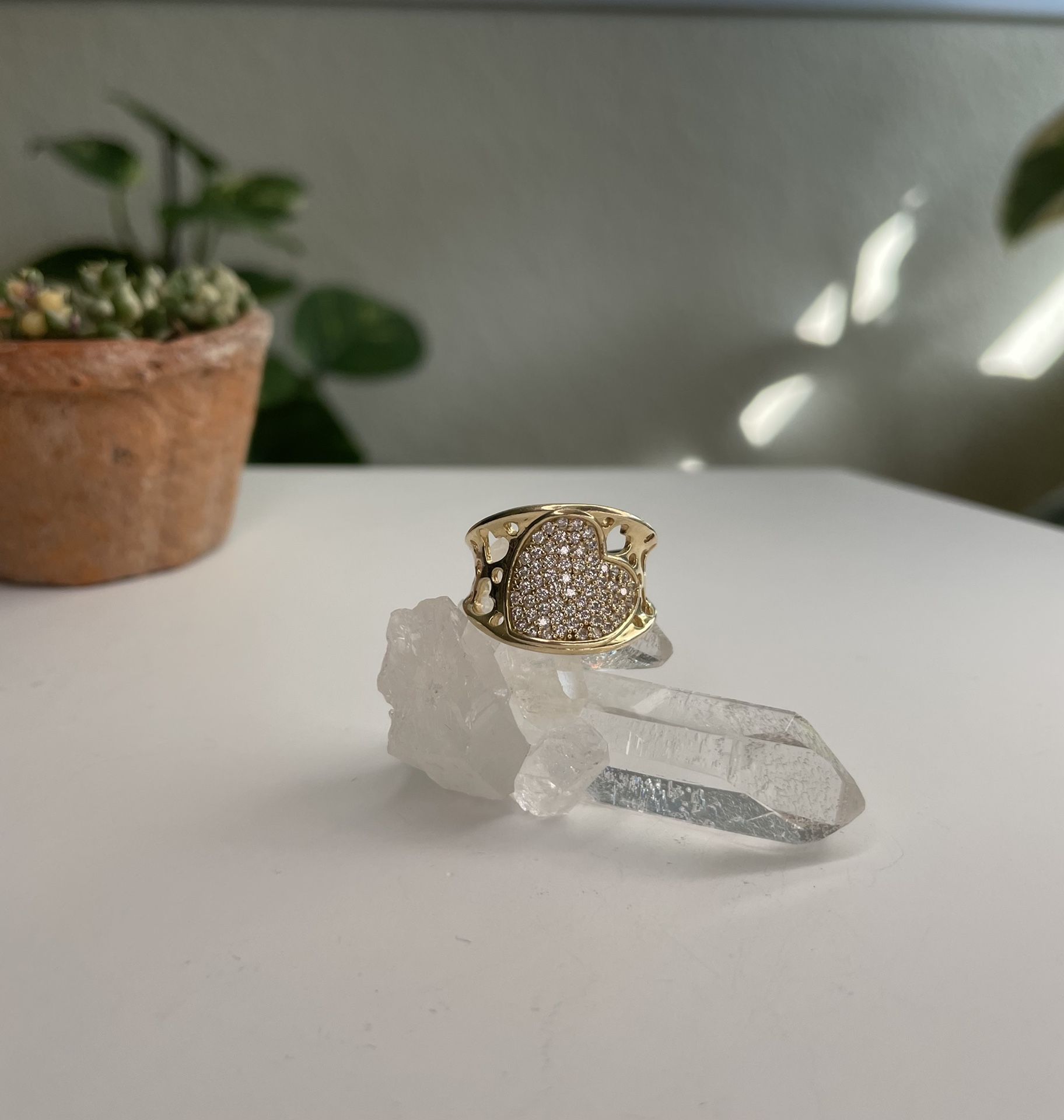 Solid 14kt Yellow Gold Zircon Pave Heart Ring 