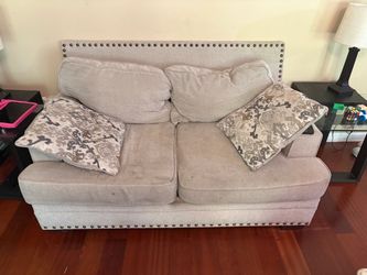 Elegant Neutral-Tone Nailhead Sofa – Fair Condition