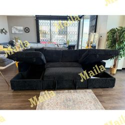 Black Jumbo Corduroy Double Chaise Sectional Sleeper Sofa With Pull Out Bed
